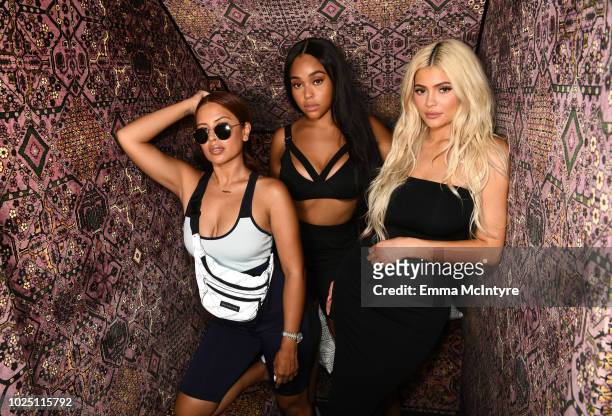 Yris Palmer, Jordyn Woods, and Kylie Jenner attend the launch event of the activewear label SECNDNTURE by Jordyn Woods at a private residence on...