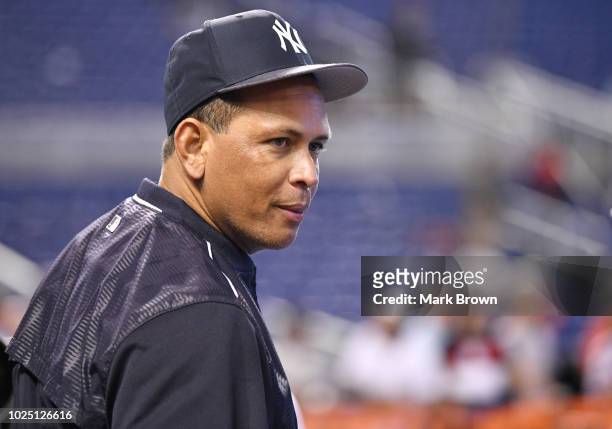 Alex Rodriguez during batting practice before the game against the Miami Marlins at Marlins Park on August 22, 2018 in Miami, Florida.