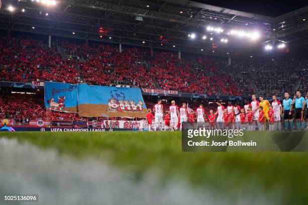Players of FC Salzburg line up prior to the UEFA Champions League match between FC Salzburg v Red Star Belgrade at Red Bull Arena on August 29, 2018...