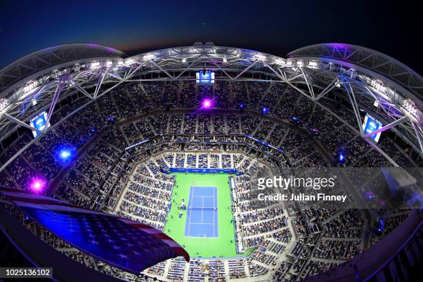 General view of Arthur Ashe Stadium as Serena Williams of the United States and Carina Witthoeft of Germany take the court prior to their women's...