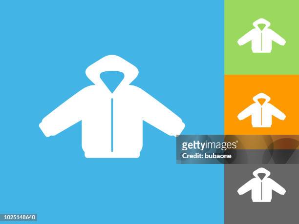 winter coat flat icon on blue background - orange coat stock illustrations