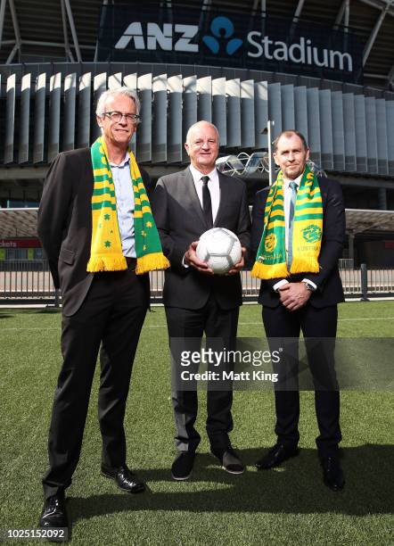 David Gallop, Socceroos Head Coach Graham Arnold and ANZ Stadium CEO Daryl Kerry pose after annoucing the Socceroos v Lebanon International friendly...