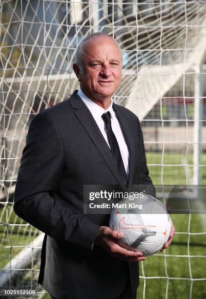 Socceroos Head Coach Graham Arnold poses after annoucing the Socceroos v Lebanon International friendly match at ANZ Stadium on August 30, 2018 in...