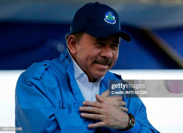 Nicaraguan President Daniel Ortega gestures during the commemoration of the 51st anniversary of the Pancasan guerrilla campaign in Managua, on August...
