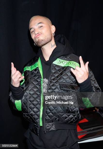 Singer Stan Walker prepares backstage ahead of the Not For You Contemporary Salon show during New Zealand Fashion Week 2018 at Viaduct Events...