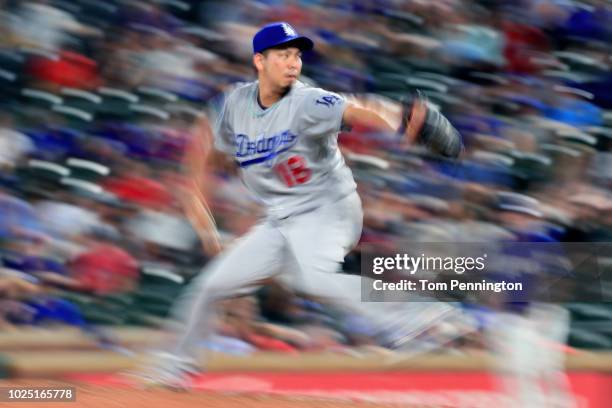 Kenta Maeda of the Los Angeles Dodgers pitches against the Texas Rangers in the bottom of the ninth inning at Globe Life Park in Arlington on August...