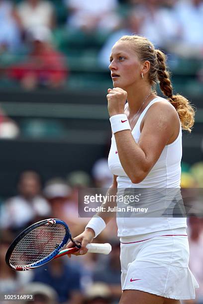 Petra Kvitova of Czech Republic in action during her Quarter Final match against Kaia Kanepi of Estoniaon Day Eight of the Wimbledon Lawn Tennis...