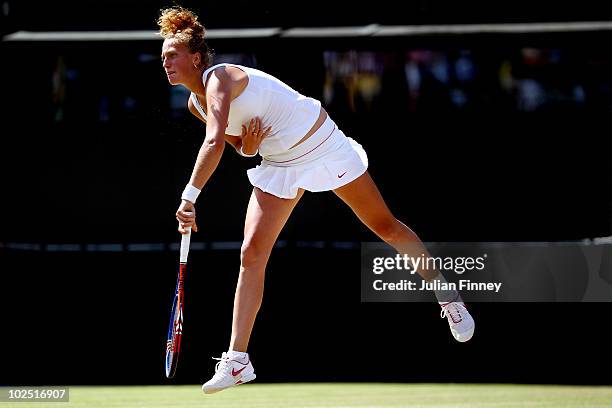 Petra Kvitova of Czech Republic in action during her Quarter Final match against Kaia Kanepi of Estoniaon Day Eight of the Wimbledon Lawn Tennis...