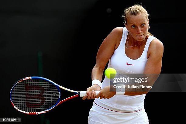 Petra Kvitova of Czech Republic in action during her Quarter Final match against Kaia Kanepi of Estoniaon Day Eight of the Wimbledon Lawn Tennis...