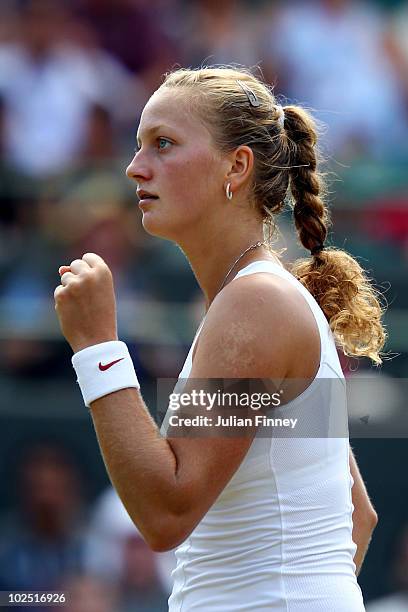 Petra Kvitova of Czech Republic in action during her Quarter Final match against Kaia Kanepi of Estoniaon Day Eight of the Wimbledon Lawn Tennis...