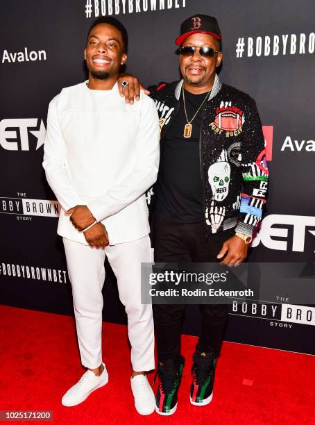 Woody McClain and Bobby Brown arrive at the premiere screening of "The Bobby Brown Story" at Paramount Theatre on August 29, 2018 in Hollywood,...