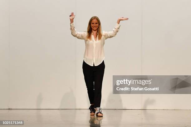 Designer Tessa Bailey-Lont thanks the audience following the Lontessa runway during the Miromoda Showcase show during New Zealand Fashion Week 2018...