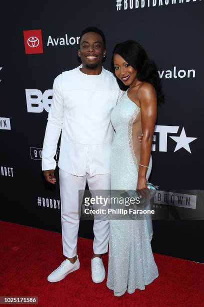 Woody McClain and Gabrielle Denise attend BET and Toyota present the premiere screening of "The Bobby Brown Story" at Paramount Theatre on August 29,...