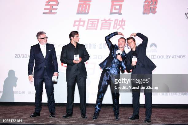 Director Christopher McQuarrie, actors Henry Cavilll, Simon Pegg and Tom Cruise attend the 'Mission: Impossible - Fallout' fan screening at The Wanda...