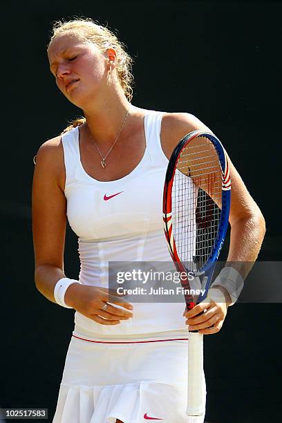 Petra Kvitova of Czech Republic reacts during her Quarter Final match against Kaia Kanepi of Estoniaon Day Eight of the Wimbledon Lawn Tennis...