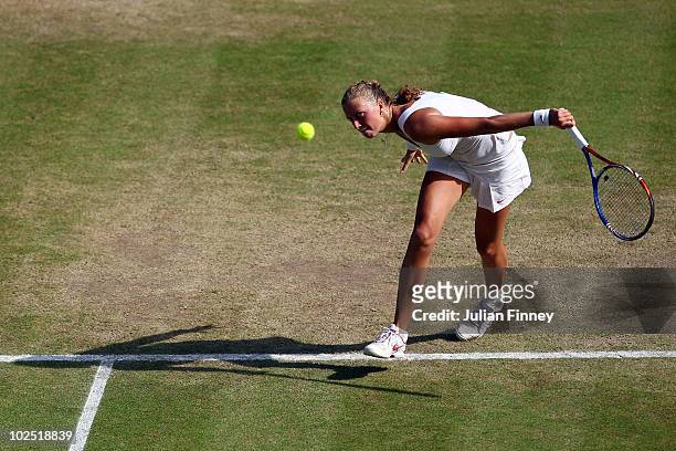 Petra Kvitova of Czech Republic plays a shot during her Quarter Final match against Kaia Kanepi of Estoniaon Day Eight of the Wimbledon Lawn Tennis...