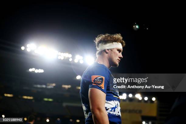 Blake Gibson of Auckland looks on during warmup prior to the round 13 Mitre 10 Cup match between Auckland and Waikato at Eden Park on August 30, 2018...