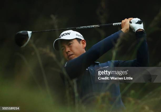 Daniel Im of the United States plays his shot off the 16th tee during day one of the Made in Denmark played at the Silkeborg Ry Golf Club on August...