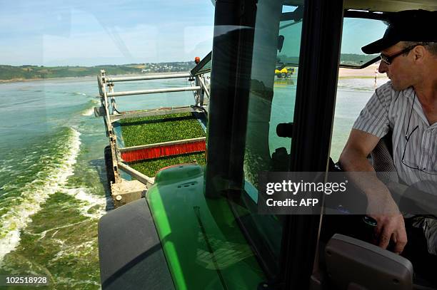 Local employees test a new device to remove green algae from the Saint-Michel-en-Greves beach, western France, on May 29, 2010. A campaign began in...