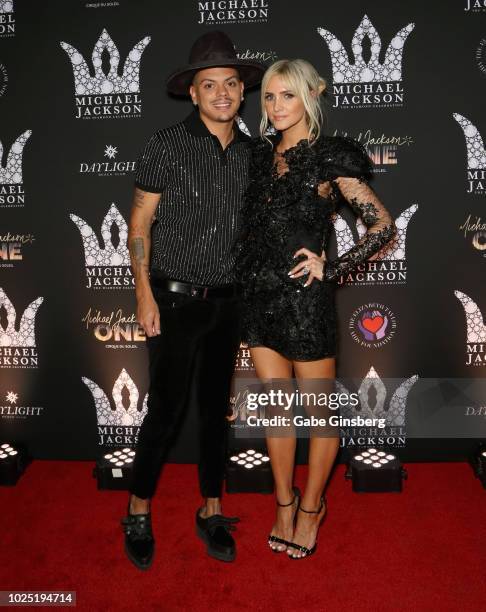 Actor Evan Ross and his wife, singer Ashlee Simpson Ross, attend the Michael Jackson diamond birthday celebration at Daylight Beach Club at Mandalay...