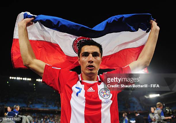 Oscar Cardozo of Paraguay celebartes after the 2010 FIFA World Cup South Africa Round of Sixteen match between Paraguay and Japan at Loftus Versfeld...