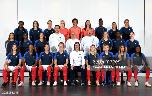France's national football team pose for an official picture on August 29, 2018 in Clairefontaine-en-Yvelines France's forward Kadidiatou Diani,...