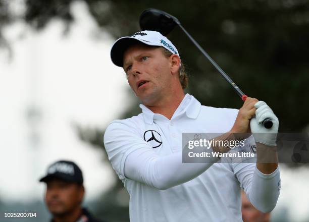 Marcel Siem of Germany plays his shot off the 10th tee during day one of the Made in Denmark played at the Silkeborg Ry Golf Club on August 30, 2018...