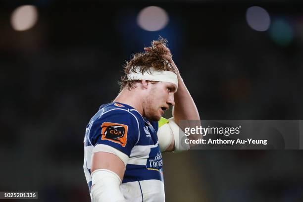Blake Gibson of Auckland looks on during the round 13 Mitre 10 Cup match between Auckland and Waikato at Eden Park on August 30, 2018 in Auckland,...