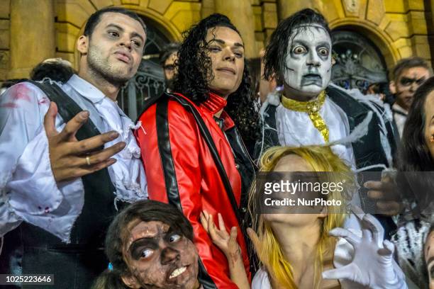 Fans of singer Michael Jackson flashmob on the steps of the Municipal Theater in São Paulo dancing Thriller on the day that the singer would turn 60...
