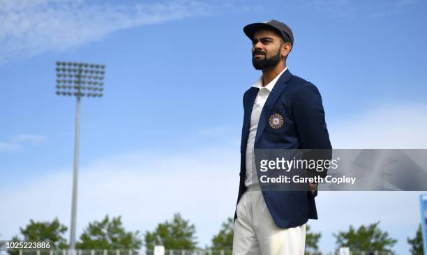 India captain Virat Kohli waits for the toss ahead of the Specsavers 4th Test match between England and India at The Ageas Bowl on August 30, 2018 in...