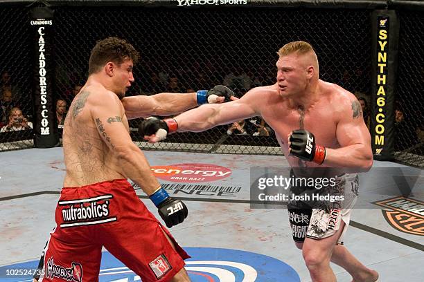 Brock Lesnar def. Frank Mir - TKO - 1:48 round 2 during UFC 100 at Mandalay Bay Events Center on July 11, 2009 in Las Vegas, Nevada.