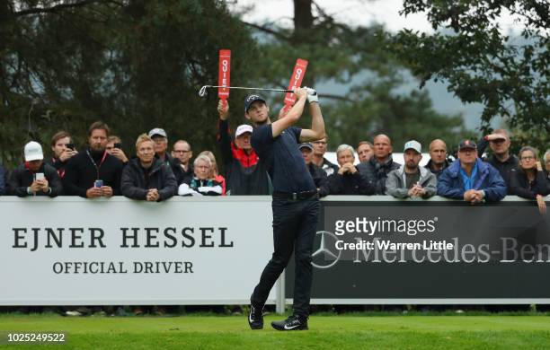 Thomas Pieters of Belgium plays his shot off the 1st tee during day one of the Made in Denmark played at the Silkeborg Ry Golf Club on August 30,...