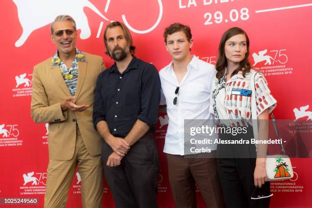 Jeff Goldblum, Rick Alverson, Tye Sheridan and Hannah Gross attend 'The Mountain' photocall during the 75th Venice Film Festival at Sala Casino on...