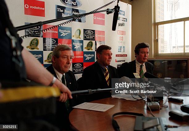 David Clark, Rod MacQueen the Australian coach and John O''Neill the A.R.U Managing Director at the media announcment of the Rugby World Cup team at...