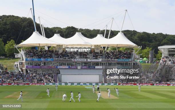 India bowler Hardik Pandya celebrates after dismissing England batsman Alastair Cook during day one of the 4th Specsavers Test Match between England...