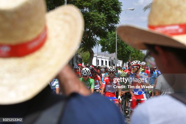 Start / Michal Kwiatkowski of Poland and Team Sky Green Points Jersey / Rudy Molard of France and Team Groupama FDJ Red Leader Jersey / Luis Angel...