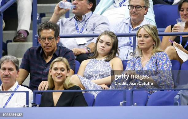 Ben Stiller, Christine Taylor and their daughter Ella Stiller attend day 3 of the 2018 tennis US Open on Arthur Ashe stadium at the USTA Billie Jean...