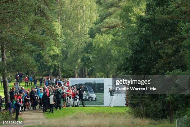 Matthew Fitzpatrick of England plays his shot off the 9th tee during day one of the Made in Denmark played at the Silkeborg Ry Golf Club on August...