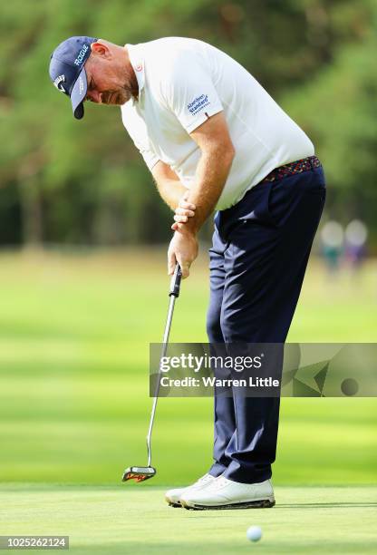 Thomas Bjorn putts on the 11th green during day one of the Made in Denmark played at the Silkeborg Ry Golf Club on August 30, 2018 in Silkeborg,...