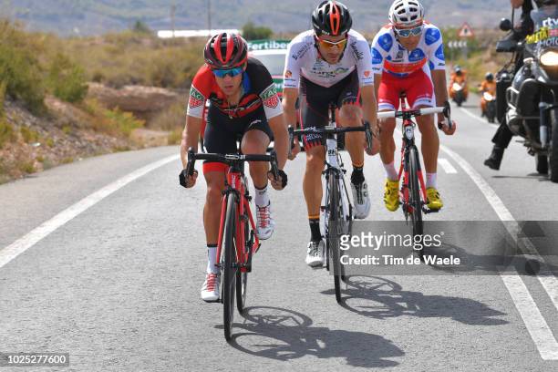 Richie Porte of Australia and BMC Racing Team / Jorge Cubero of Spain and Team Burgos -BH / Luis Angel Mate of Spain and Team Cofidis Polka Dot...