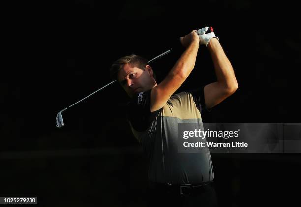 Robert Rock of England plays his second hot off the 18th hole during day one of the Made in Denmark played at the Silkeborg Ry Golf Club on August...