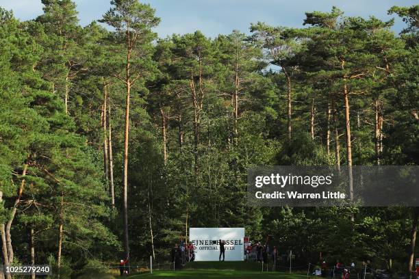 Robert Karlsson of Sweden plays his shot off the 18th hole during day one of the Made in Denmark played at the Silkeborg Ry Golf Club on August 30,...