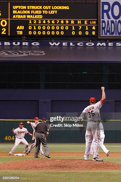 Edwin Jackson of the Arizona Diamondbacks celebrates pitching a no-hitter against the Tampa Bay Rays on June 25, 2010 in St Petersburg, Florida.