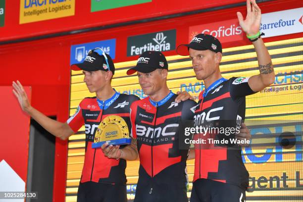 Podium / Dylan Teuns of Belgium and BMC Racing Team / Nicolas Roche of Ireland and BMC Racing Team / Alessandro De Marchi of Italy and BMC Racing...