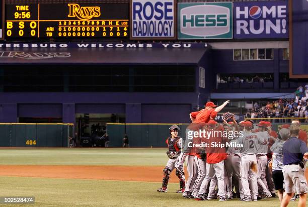 Edwin Jackson of the Arizona Diamondbacks celebrates pitching a no-hitter against the Tampa Bay Rays on June 25, 2010 in St Petersburg, Florida.