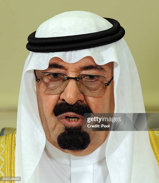 Saudi Arabian King Abdullah Bin-Abd-al-Aziz Al Saud speaks to the media after meeting with U.S. President Barack Obama in the Oval Office of the...