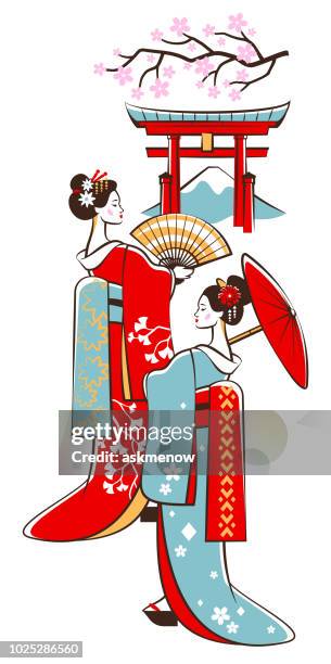 ilustraciones, imágenes clip art, dibujos animados e iconos de stock de dos geishas japonesas - geisha