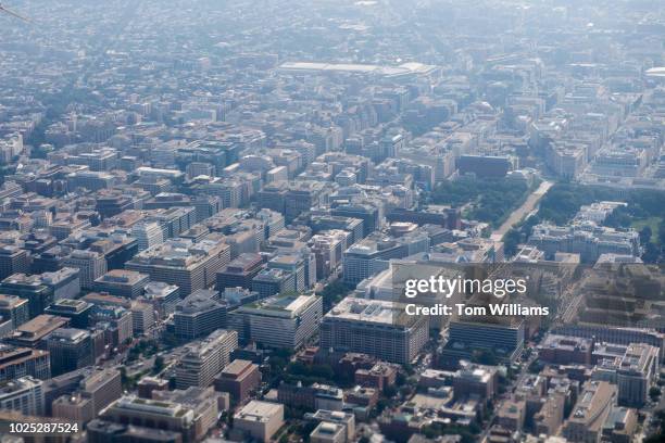 Downtown Washington, D.C., is pictured from a plane taking off from Ronald Reagan Washington National Airport on August 16, 2018.