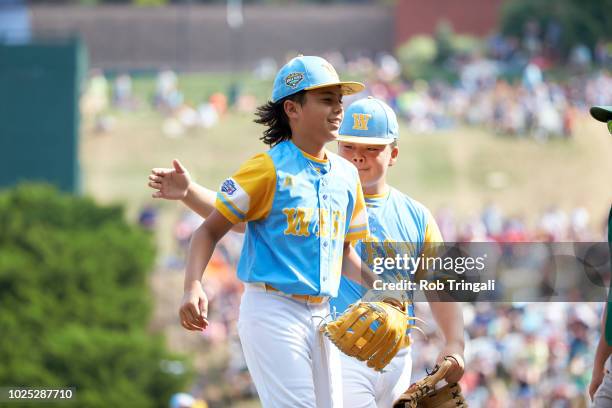 Little League World Series Championship: United States West Ka'olu Holt and Sean Yamaguchi victorious vs Asia-Pacific during Championship game at...