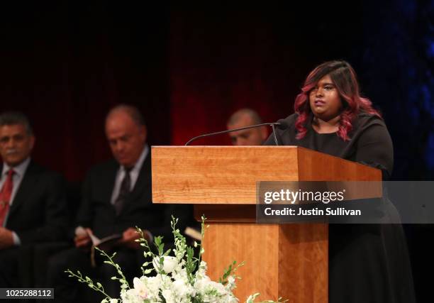 Bridget McCain speaks during a memorial service to celebrate the life of of U.S. Sen. John McCain at the North Phoenix Baptist Church on August 30,...